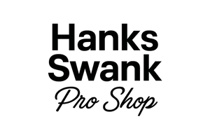Black and cursive writing "Hanks Swank Pro Shop". Transparent image. Hanks Swank can be non cursive but pro shop should be