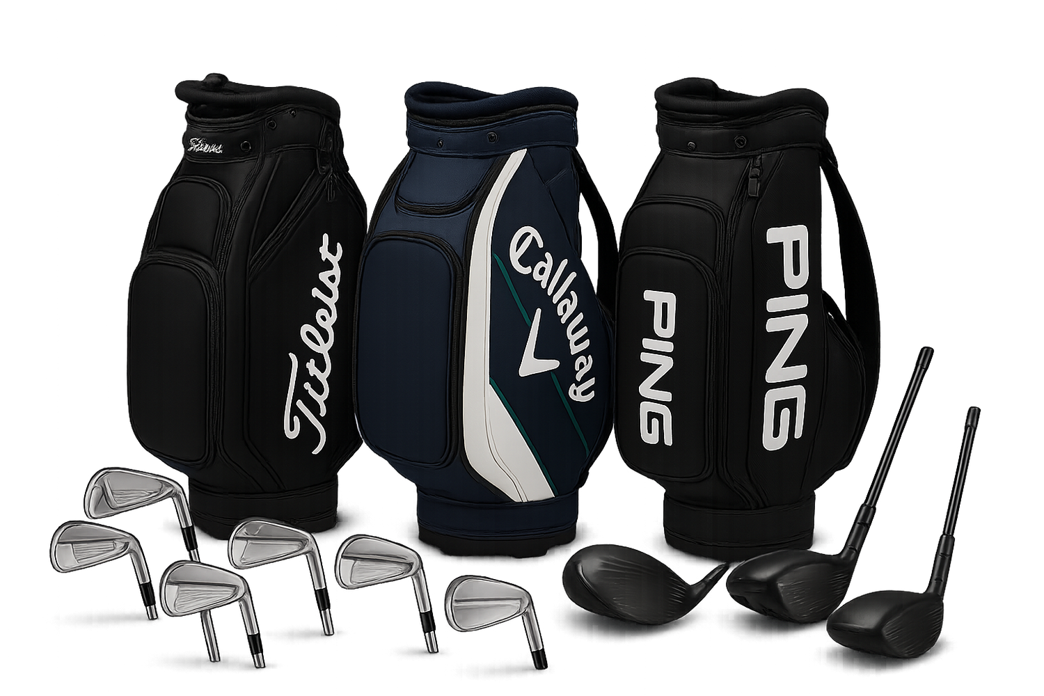 create a transparent image. The header should be brands Titleist, Callaway, and PING. The bags should have the logos on them. Also have Irons and Drivers but those have no logos